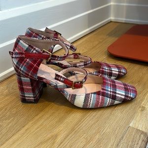 J. Crew Festive Plaid Heeled Shoes with Double Buckle